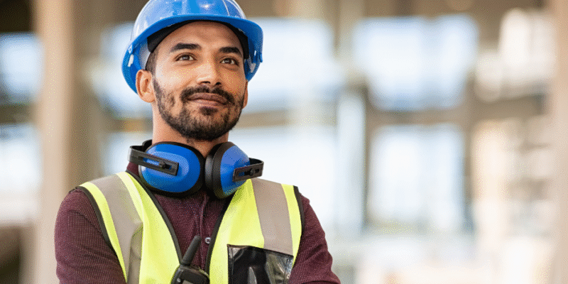 A construction worker wearing a blue hard hat, safety vest, and noise-canceling headphones stands with arms crossed, looking confident. A walkie-talkie is clipped to the vest, with a blurred indoor background.