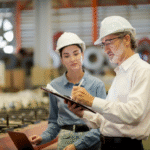 Two people wearing hard hats stand in a factory. One writes on a clipboard while the other watches attentively, holding a laptop. Industrial equipment and blurred machinery are visible in the background.