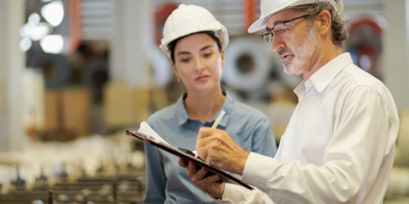 Two people wearing hard hats stand in a factory. One writes on a clipboard while the other watches attentively, holding a laptop. Industrial equipment and blurred machinery are visible in the background.