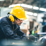 A worker in a yellow hard hat, safety glasses, ear protection, and gloves operates machinery in an industrial factory setting.
